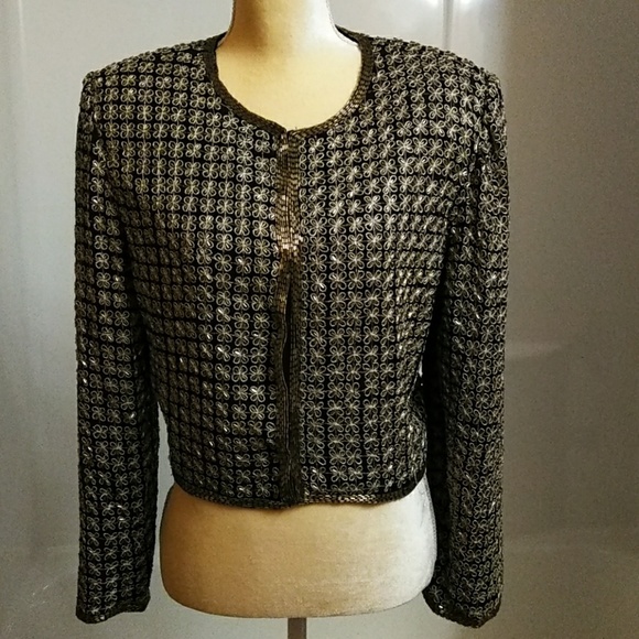 Laurence Kazar Jackets & Blazers - Vintage Laurence Kazar Black Silk Jacket with Gold Bugle Beads – Size PXL